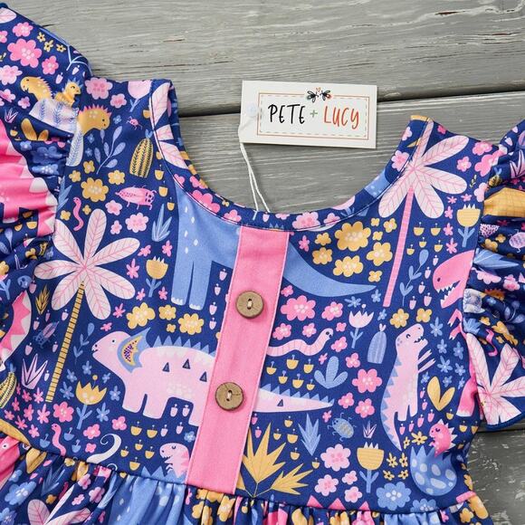 PETE + LUCY Darling Dinos Blue Ruffle Girls Boutique Dress NEW 4T Pockets - Picture 4 of 9